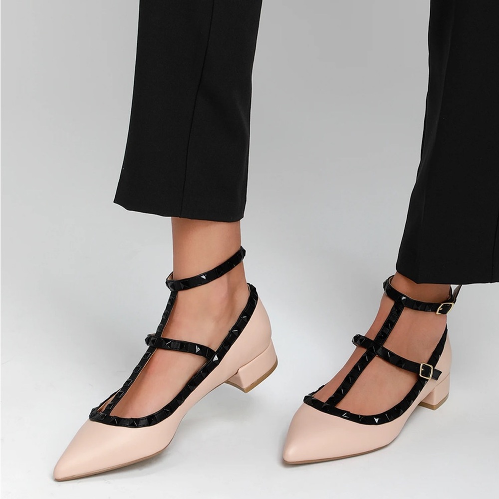 NWOT Lulus Nude Strappy Studded Low Pointed Toe Heels